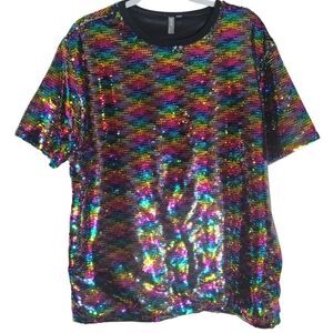 Asos Rainbow All Over Sequins Tee Shirt Top Women's Large New Year's‎ Eve Swifty